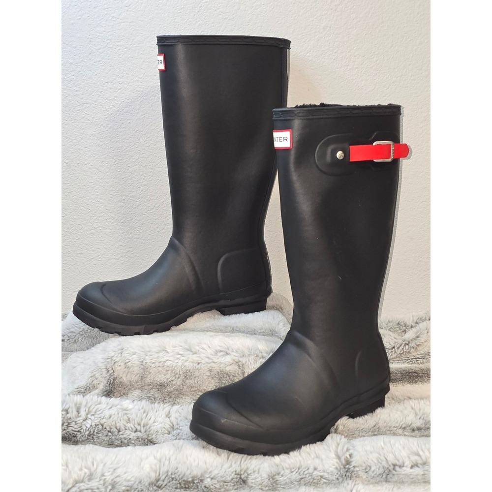 Hunter Tall Insulated Rain Boots Black Rubber‎ Fleece Lined Red Buckle Womens 6